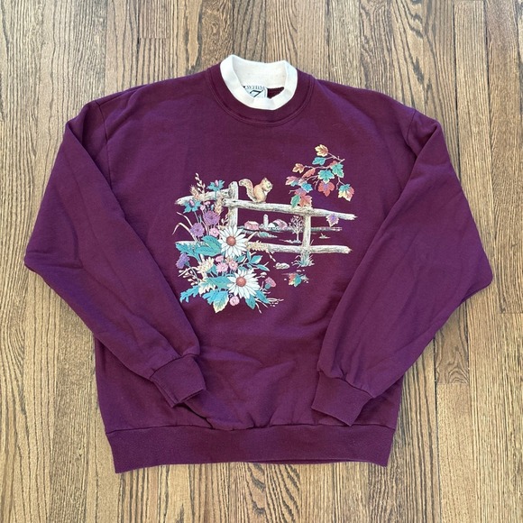 Vintage Jerzees Sweatshirt Large Squirrel Floral Cottagecore Grandma Core Large - Picture 1 of 6